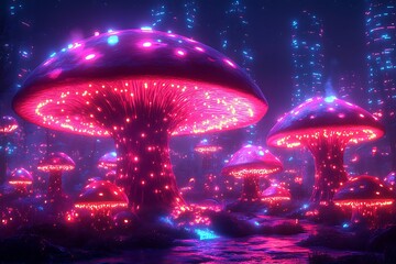 Glowing giant mushrooms illuminate a forest scene with colorful lights