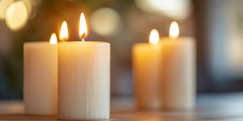 Four glowing candles illuminate table in blurred interior for gentle ambience