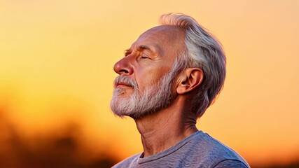 Portrait of a senior man with closed eyes and a serene expression, standing against a vibrant golden sunset background, symbolizing peace, reflection, and mindfulness. - Powered by Adobe