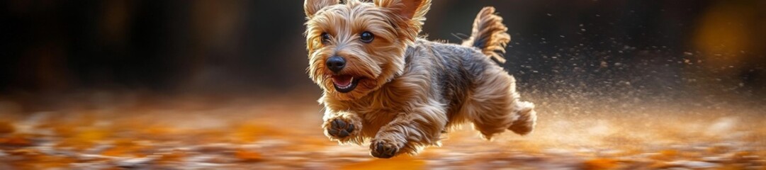 Naklejka premium Energetic dog running through fallen leaves captured in motion with blurred background for a dynamic action shot. Generative AI