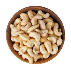 Cashew nuts in wooden bowl isolated on white background. Top view