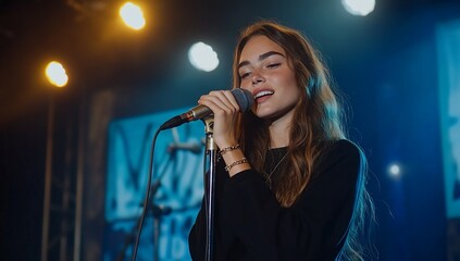 Young woman singing on stage during concert under blue light for stock images