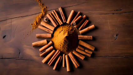 Cinnamon sticks rotate as a background. Fragrant cinnamon close-up. Spices with cinnamon. Food cooking concept.