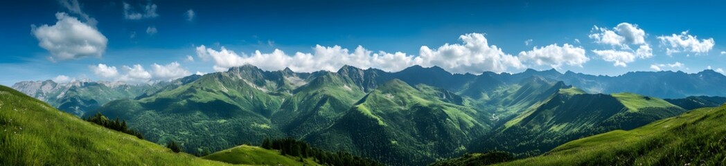 Fototapeta premium Panoramic photo of beautiful green mountains in the Alps, with a blue sky and white clouds. 