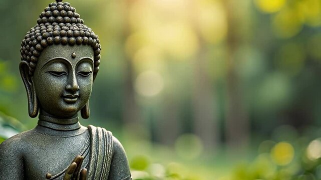 Statue of a Buddha with a serene expression. The statue is surrounded by green foliage, giving it a peaceful and calming atmosphere