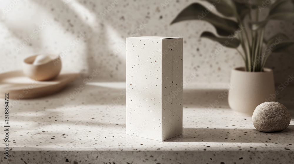 Poster a sophisticated arrangement featuring a textured white block standing tall on a speckled surface, ac