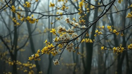 Yellowing dark tree branches with white flowers create an eerie atmosphere against the backdrop of a misty forest, blossom, branch