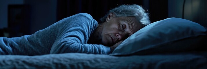 An elderly woman sleeping peacefully in her bedroom at night.