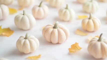 Fototapeta premium Elegant pastel gourds and fall leaves on white 