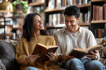 Fototapeta premium Young couple enjoying reading together in cozy library setting