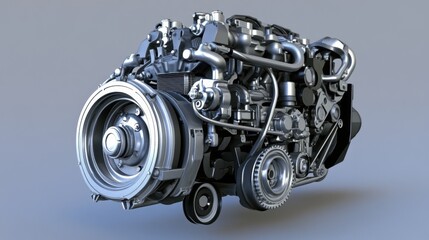A rugged truck engine with metallic textures against a gradient silver background.