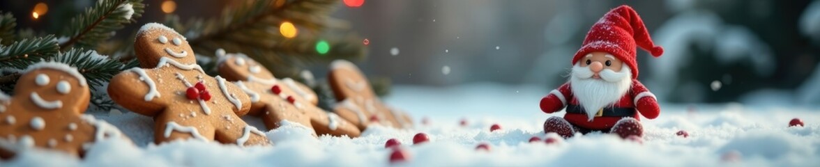 Fototapeta premium Whimsical gnome sits on snowy ground amidst gingerbread cookies, gingerbread, red, cookies