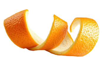 Isolated orange zest curls, studio shot, transparent  background