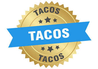 tacos. tacos round blue and gold label isolated on transparent background
