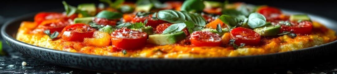 Gluten-free pizza with tomatoes avocado and basil in a vibrant setting on a black surface. Generative AI