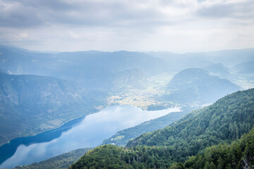 View from gondola car at Bohinj lake at Vogel ski resort in Triglav National Park in Slovenia during summertime