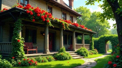 Fototapeta premium Serene Victorian Home with Lush Red Flower Canopy and Winding Stone Path