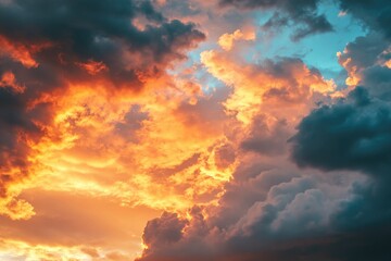 Storm clouds with sun breaking through during twilight. Dramatic sky.