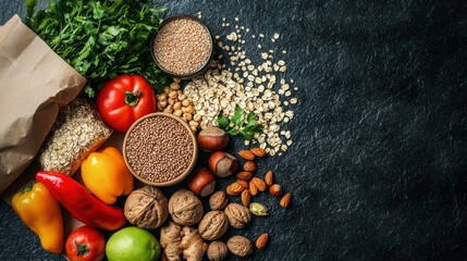 Vibrant Healthy Food Flat Lay with Grains, Nuts, and Vegetables on Dark Background, symbolizing nutritious eating and well-being. Ideal for health blogs, recipe websites, and dietary supplement advert