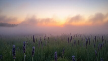 Soft lavender mist drifts above a peaceful meadow at dusk, blending with the fading light, serene, mist