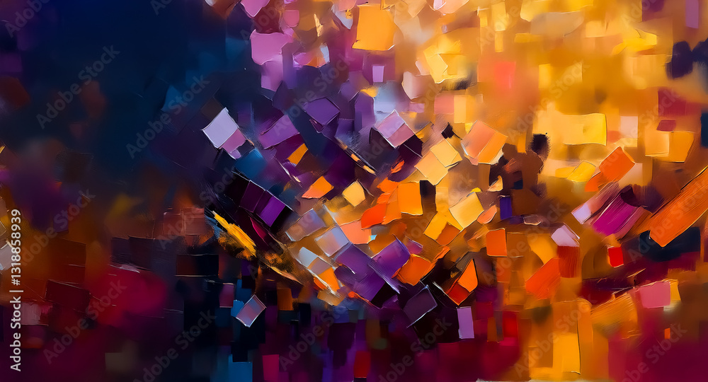 Aufkleber Vibrant abstract painting with geometric shapes creates a dynamic composition. Warm and cool tones suggest movement and depth.