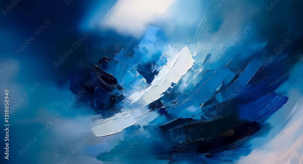 Poster abstract artwork features dynamic brushstrokes in shades of blue and white, creating a sense of dept
