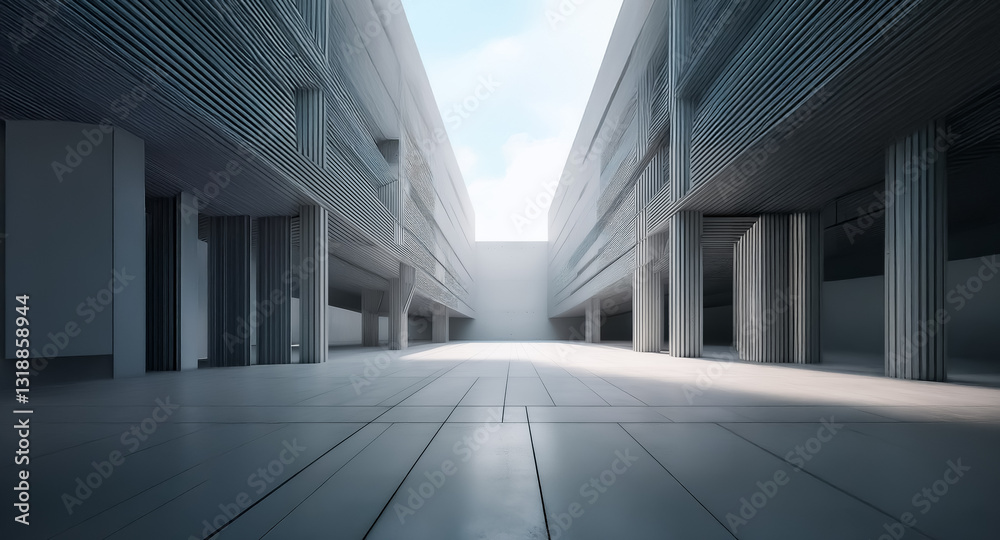 Aufkleber a minimalist architectural scene showcases concrete buildings with rhythmic pillars casting shadows 