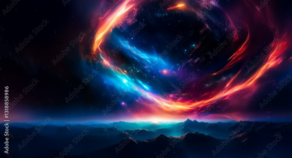 Poster a vibrant cosmic vortex of nebula swirls dramatically above a dark mountain range, painting a surrea