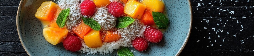 A colorful fruit salad with tropical fruits raspberries coconut flakes and mint leaves for a refreshing treat. Generative AI