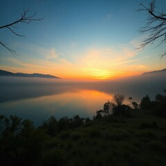 Fototapeta premium Serene lake at dawn with misty hills surrounding, art, mist, lake