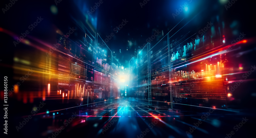 Aufkleber Abstract futuristic cityscape with vibrant light trails and motion blur. Bright colorful lights create a dynamic scene suggesting speed and technology.