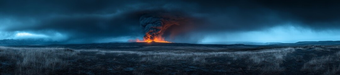 Dramatic Volcanic Eruption with Dark Smoke Billowing into the Sky. Generative AI