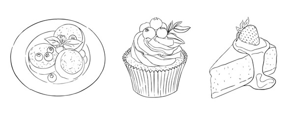A selection of coloring pages for different desserts. Vector illustration