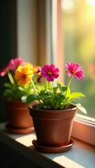 Fototapeta premium Potted calibrachoa on a window sill with morning sun, colorful petals, sunshine
