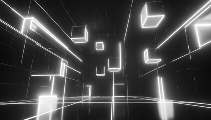 Obraz premium Abstract glowing lines and cubes in a dark space.