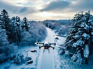 Obraz premium Drone Flying Over a Snowy Forest Road
