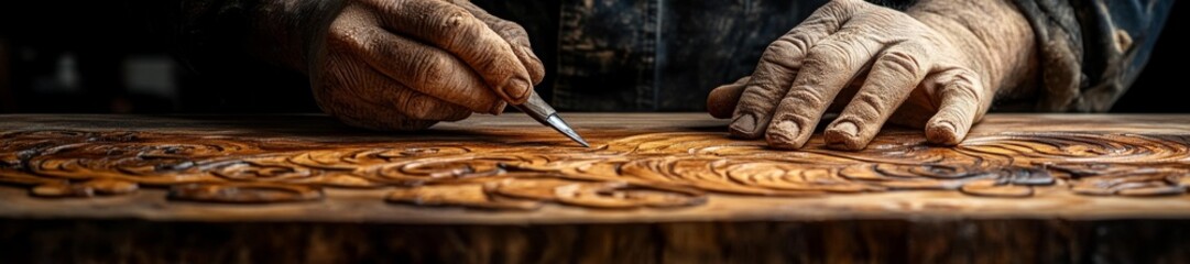 Skilled Artisan Shaping Floral Designs with Wood Carving Tools. Generative AI