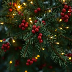 Obraz premium Pine branches are adorned with twinkling lights and mistletoe in a cozy scene, cozy, winter, pine branch