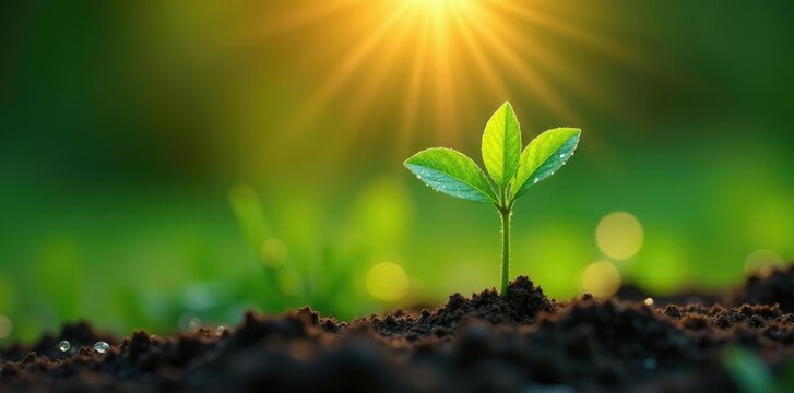 Morning dew sparkles on newly planted sapling, dew, present moment
