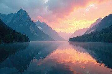 Misty morning sunrise over peaks in the water, mountains, water