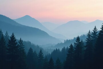 Obraz premium Misty forest dawn - Soft grey fog envelops conifers, mountain landscape,