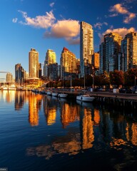 Obraz premium Vibrant city skyline at harbor, dazzling reflections on water, urban energy, architectural beauty, evening glow, serene atmosphere