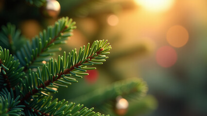 soft lighting highlights tiny green christmas tree branch details warm natural sunlight blurred background