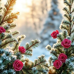 majestic fir branches with gold ornaments and rose decorations against a backdrop of frosty morning light, decoration, gold