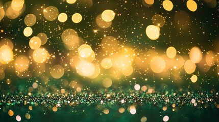Glittering bokeh lights in golden hues on a green background with a festive atmosphere
