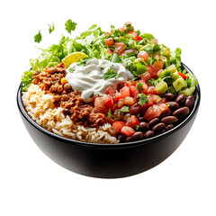 A Fresh Taco Bowl with Rice Beans Lettuce Salsa Isolated on Transparent Background
