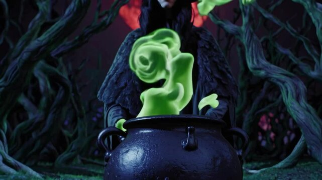 Mysterious witch brews potion in eerie forest under full moon