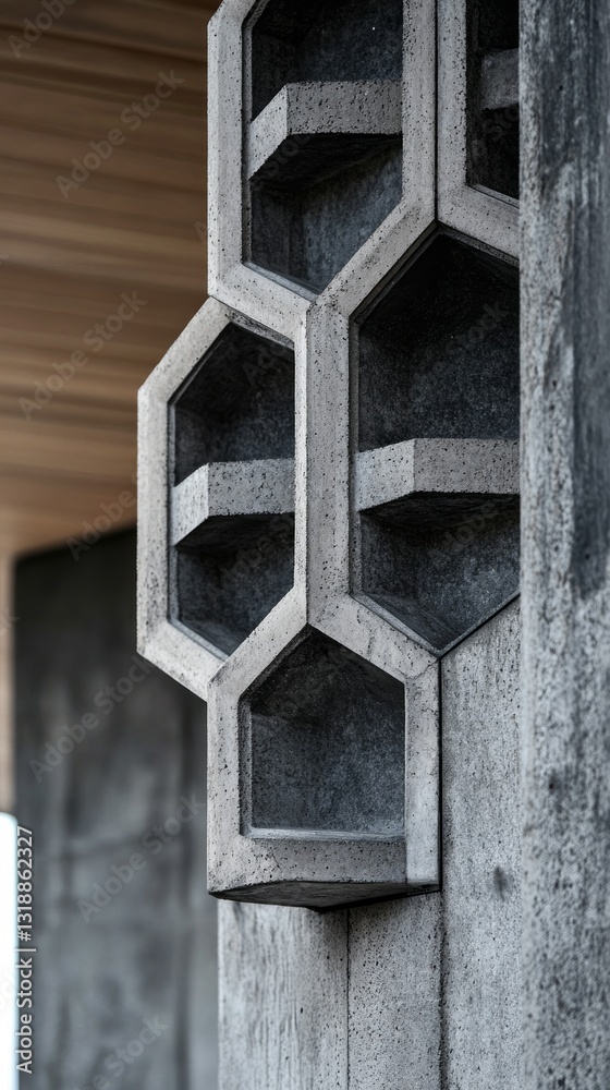 Poster a unique concrete structure with hexagonal shelves stands against a modern architectural backdrop. t