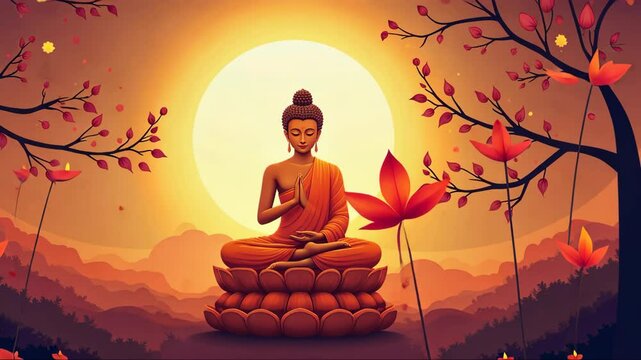 Painting of a Buddha sitting on a lotus flower with a sun in the background. The painting has a peaceful and serene mood, with the sun