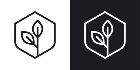 Shield with leafs icon set in black and white stroke lines